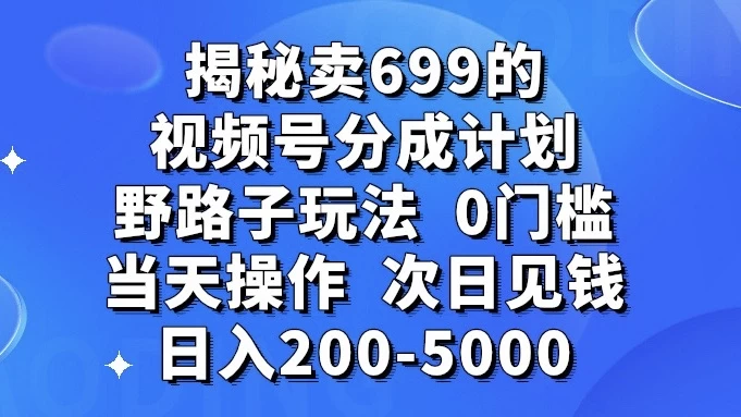 揭秘卖 699 的视频号分成计划野路子玩法，日入 200-5000，0 门槛，当天操作，次日见钱