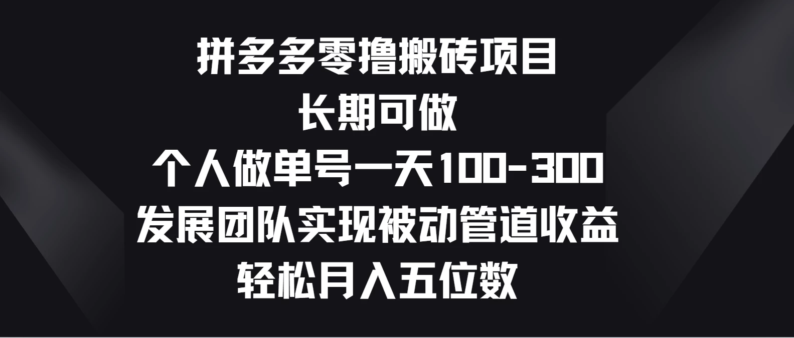 拼多多零撸搬砖项目，长期可做，个人做单号一天100-300，发展团队实现被动管道收益，轻松月入五位数