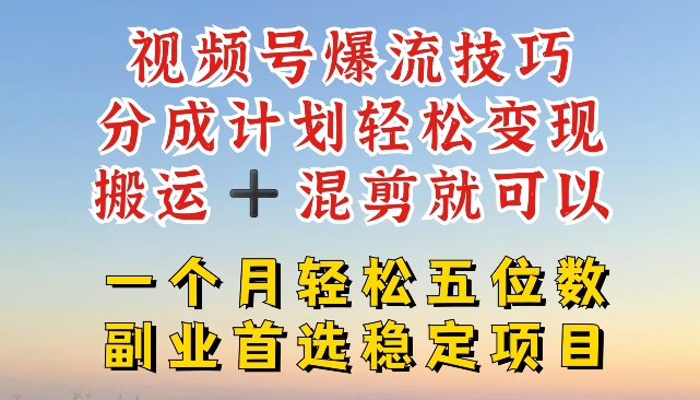 视频号爆流技巧，分成计划轻松变现，搬运 +混剪就可以，一个月轻松五位数稳定项目