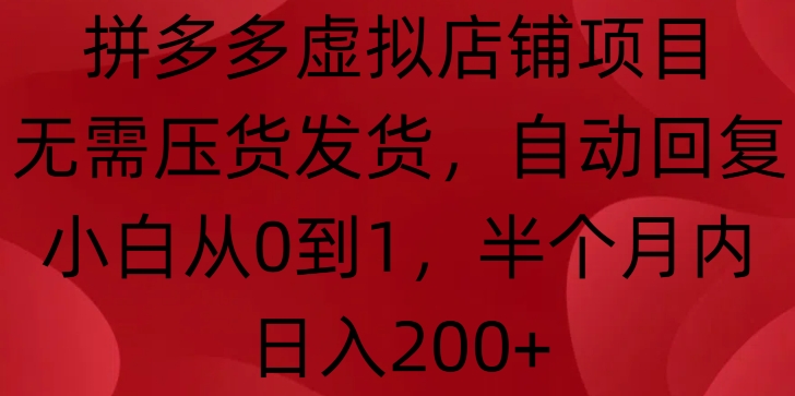 拼多多虚拟店铺项目，无需压货发货，自动回复，小白从0到1，半个月内日入200+