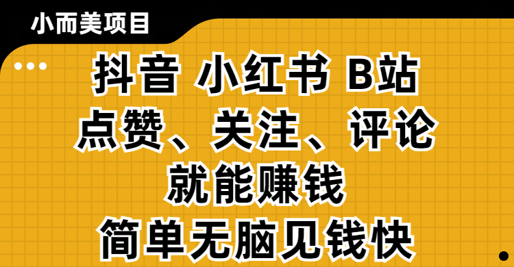 小而美的项目，抖音、小红书、B站视频点赞、关注、评论就能赚钱，简单无脑立见收益！妥妥的零撸项目