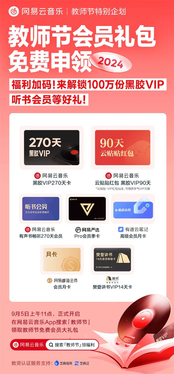 100万份！网易云音乐教师节发福利：老师免费领黑胶VIP270天会员等